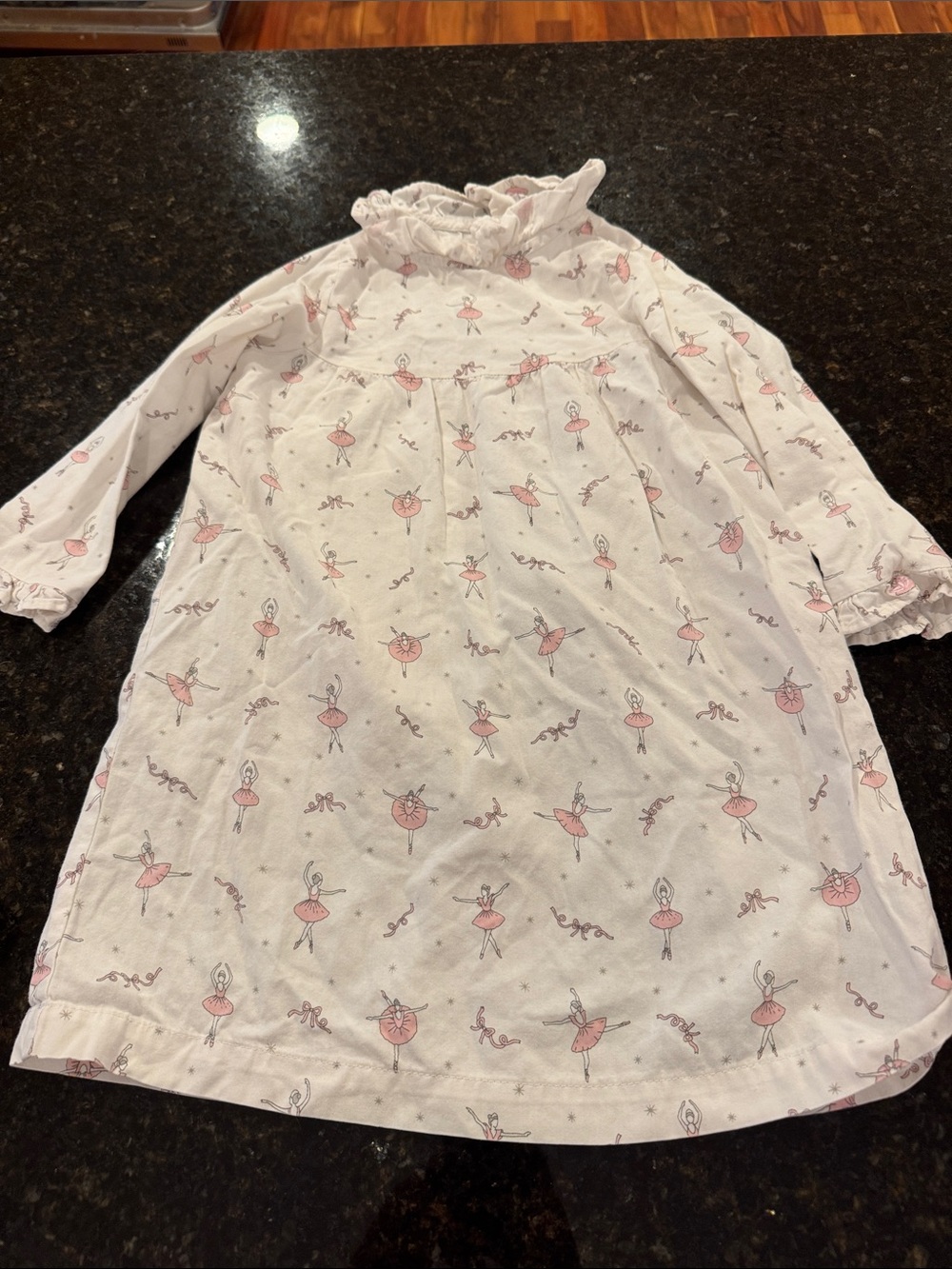 Girl's White Nightgown with Pink Ballerina Print and Ruffled Collar